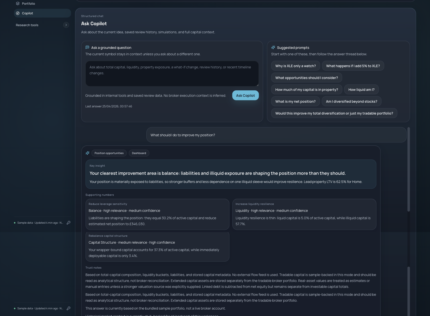 Copilot answering a full-position question with structured, capital-aware insight
